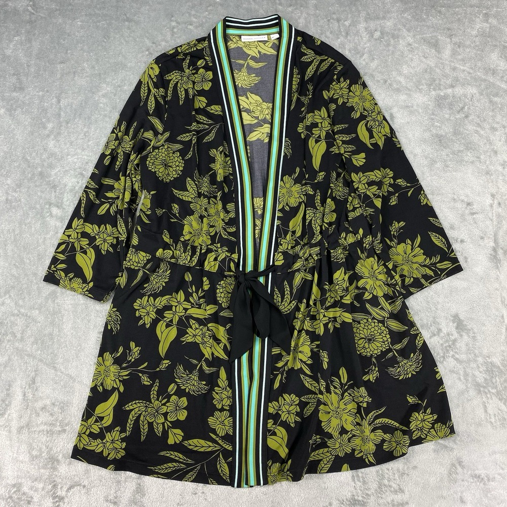 Susan Graver Cardigan Womens Sz M Floral‎ Liquid Knit Tie Front Stretchy Pockets
